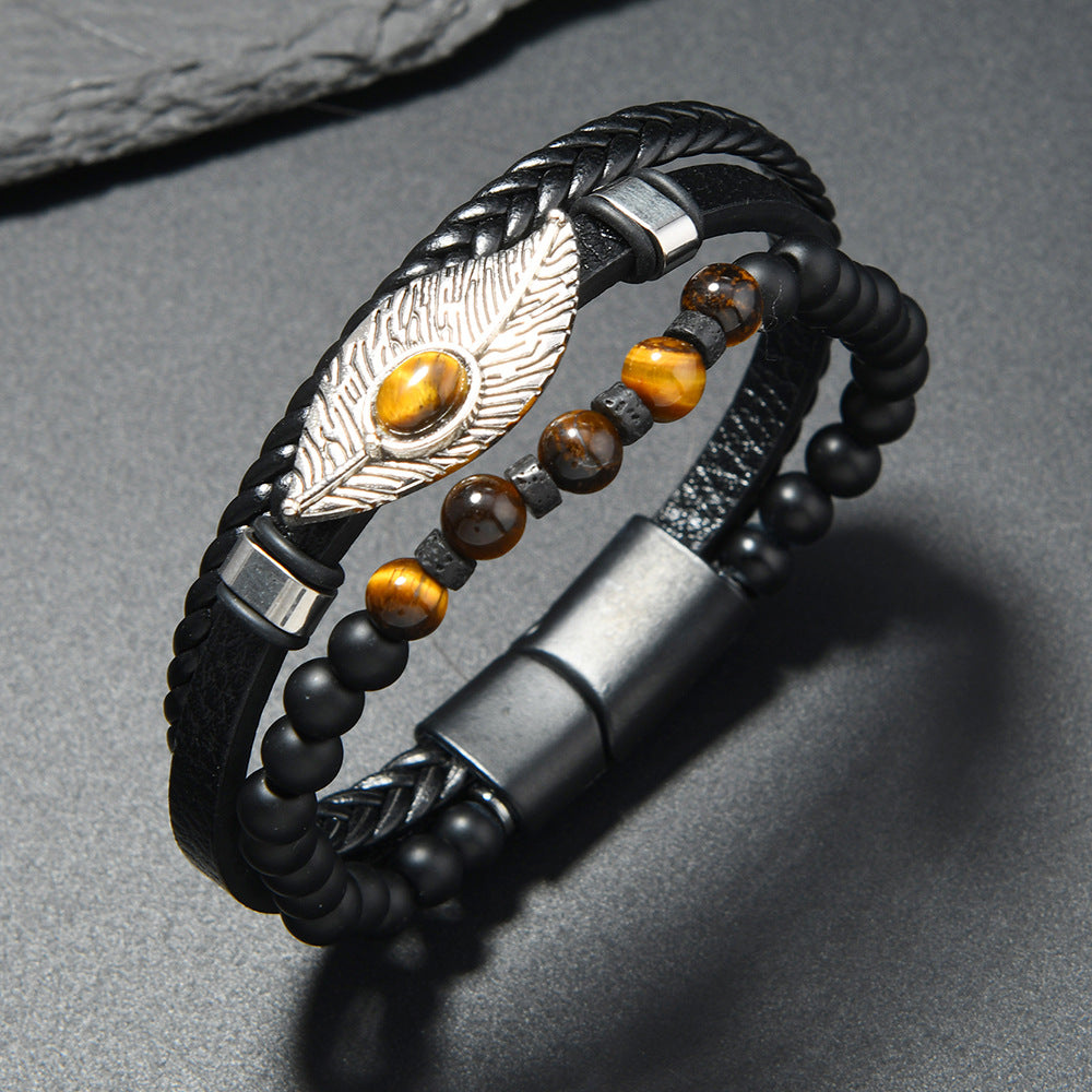 Wholesale Magnetic Buckle Alloy Bracelet with Feather Element and Turquoise Inlay for Men