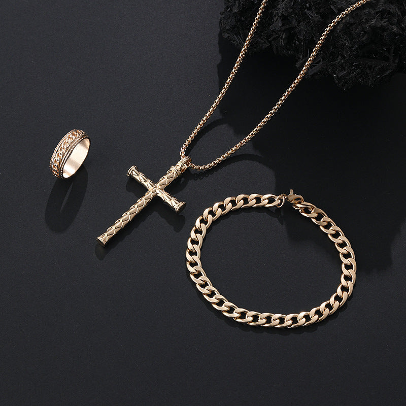 Wholesale Stylish Black Cross Crown Roman Numeral 3 Piece Jewelry Set Necklace Bracelet Ring Fashion Accessory Gift