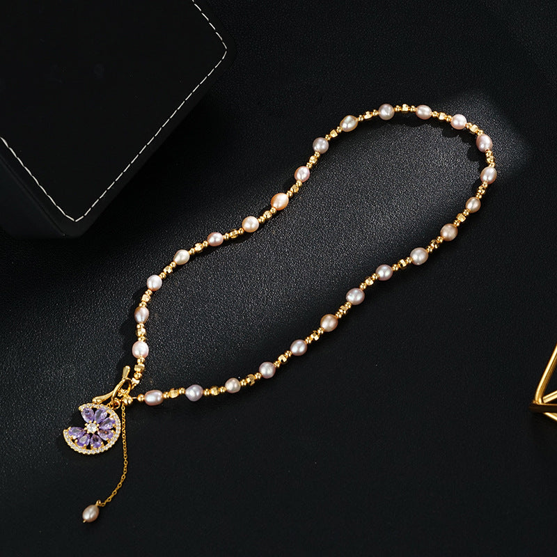 Wholesale  Color Freshwater Pearl Necklace  Gold Electroplating Micro-inlaid Purple Zircon Pendant Necklaces