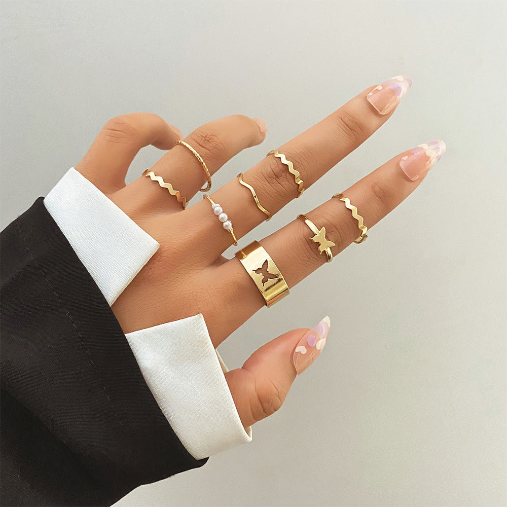 Wholesale 10pcs/set Vintage Style Pearl Embedded Chain Link Ring Set