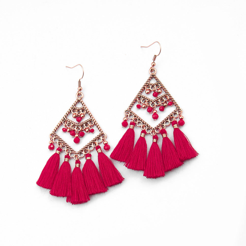 Wholesale Chinese Style Red Tassel Earrings Retro Medieval Festive Jewelry Accessory