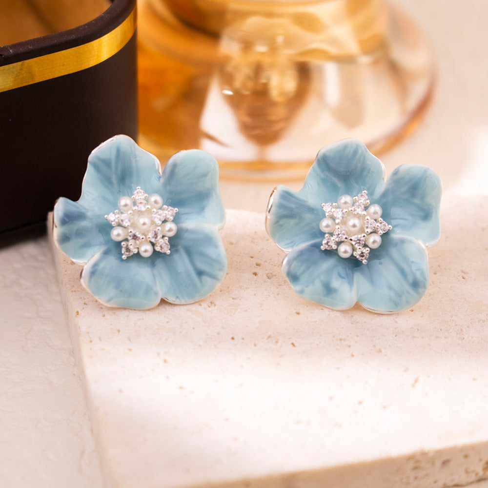 Wholesale Silver needle color zircon pearl camellia earrings