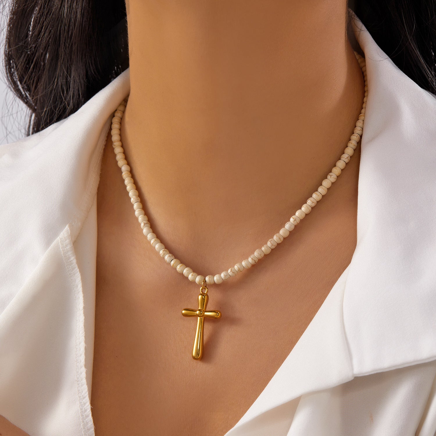 Wholesale  cross  natural stone beads stainless steel pendant necklace