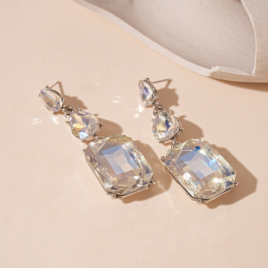 Wholesale Silver Needle Light Luxury Style Diamond Drop Geometric Square Earrings