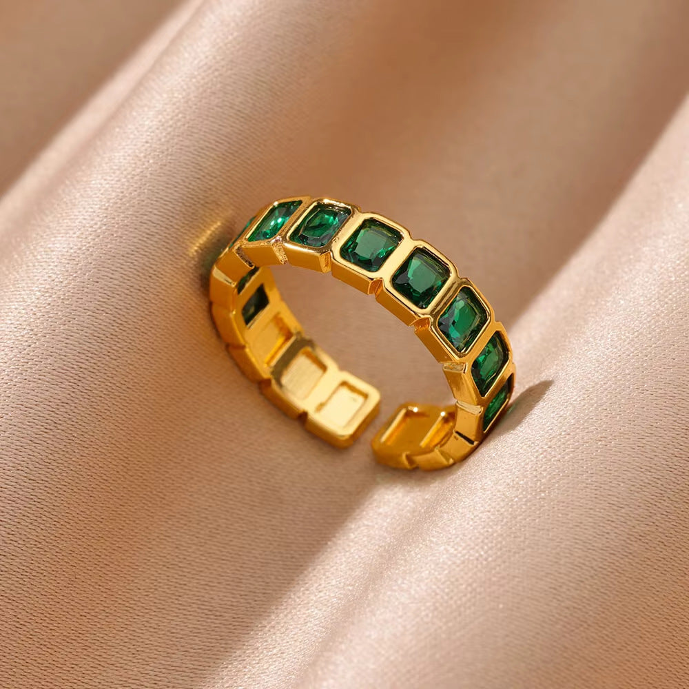 Wholesale Cross-border Light Luxury Retro Style Green Zircon Open Ring 18K Gold Plated Emerald High-grade Finger Ring Jewelry
