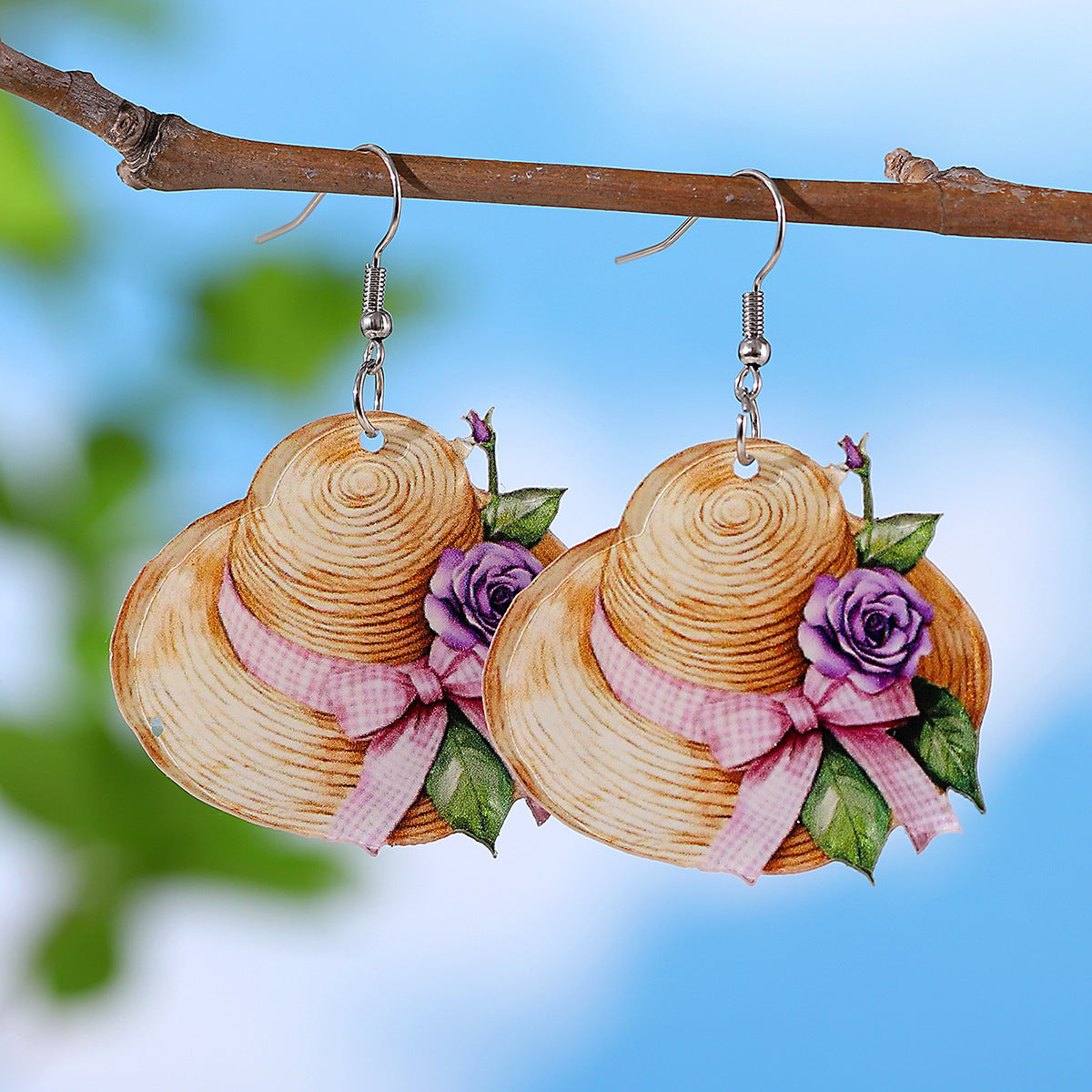 Wholesale Pink Bow Flower Straw Hat Acrylic Earrings