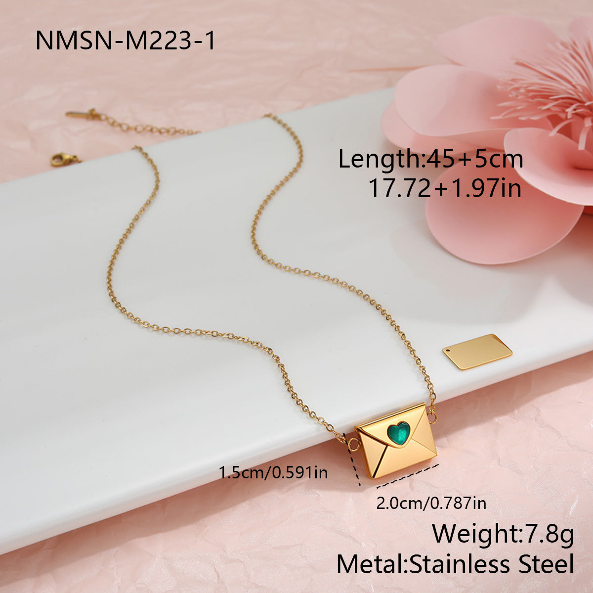 Wholesale Stainless steel 18K gold plated envelope heart-shaped diamond necklace
