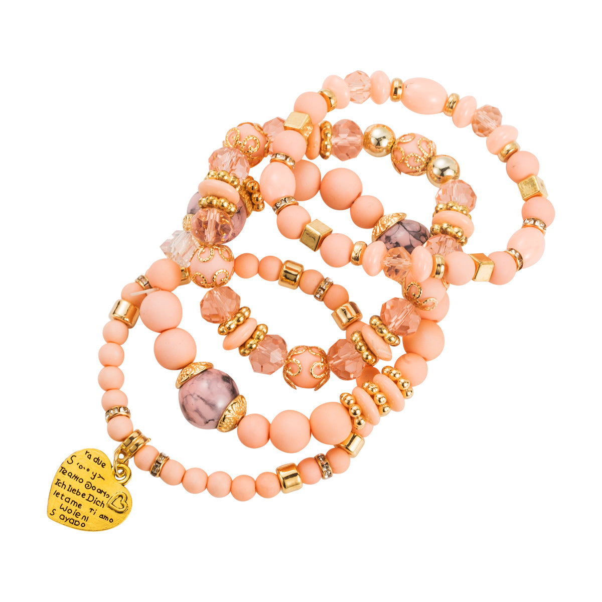 Wholesale Color Bohemian Ethnic Peach Heart Pendant Multi-layer Elastic Rice Beads Bracelet