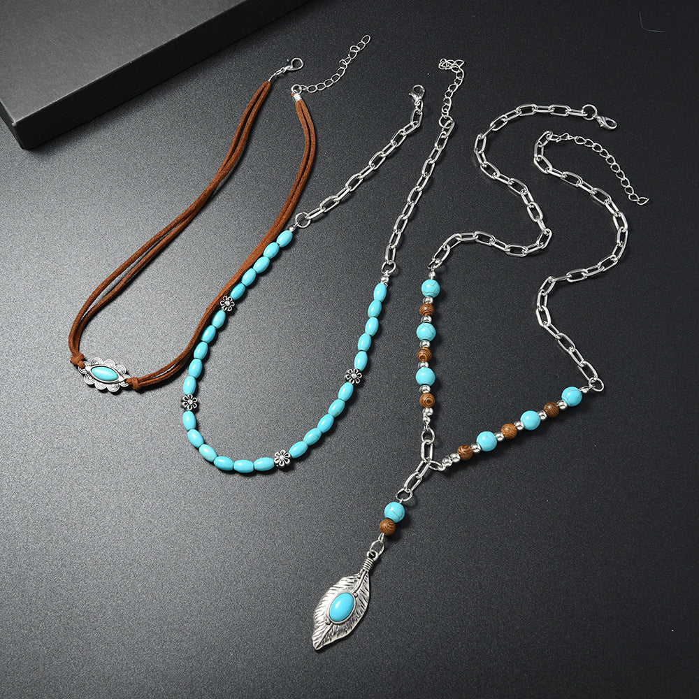 Wholesale Handmade Beaded Bohemian Turquoise Layered Necklace For Women Vintage Feather Pendant Trendy Jewelry Gift