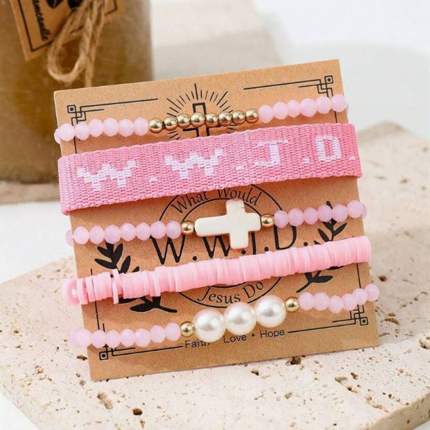 Wholesale Pink 5-piece Cross Women' s Fashion Personality Elastic Bracelet Set