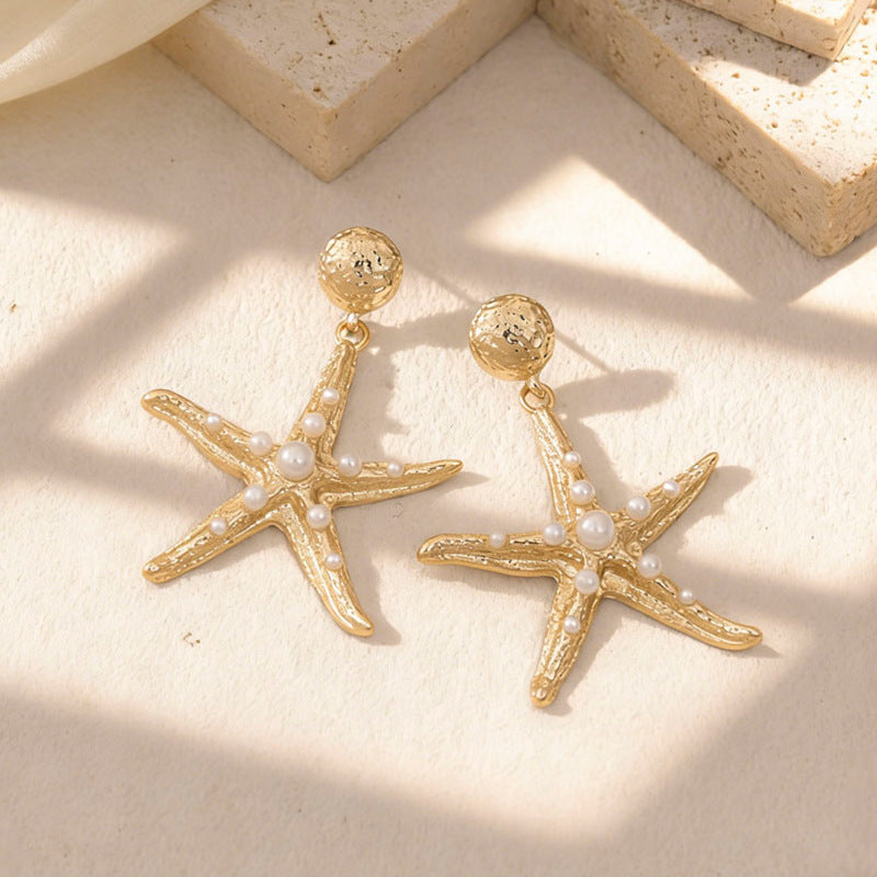 Wholesale Ocean-Inspired Textured Gold Conch and Starfish Stud Earrings