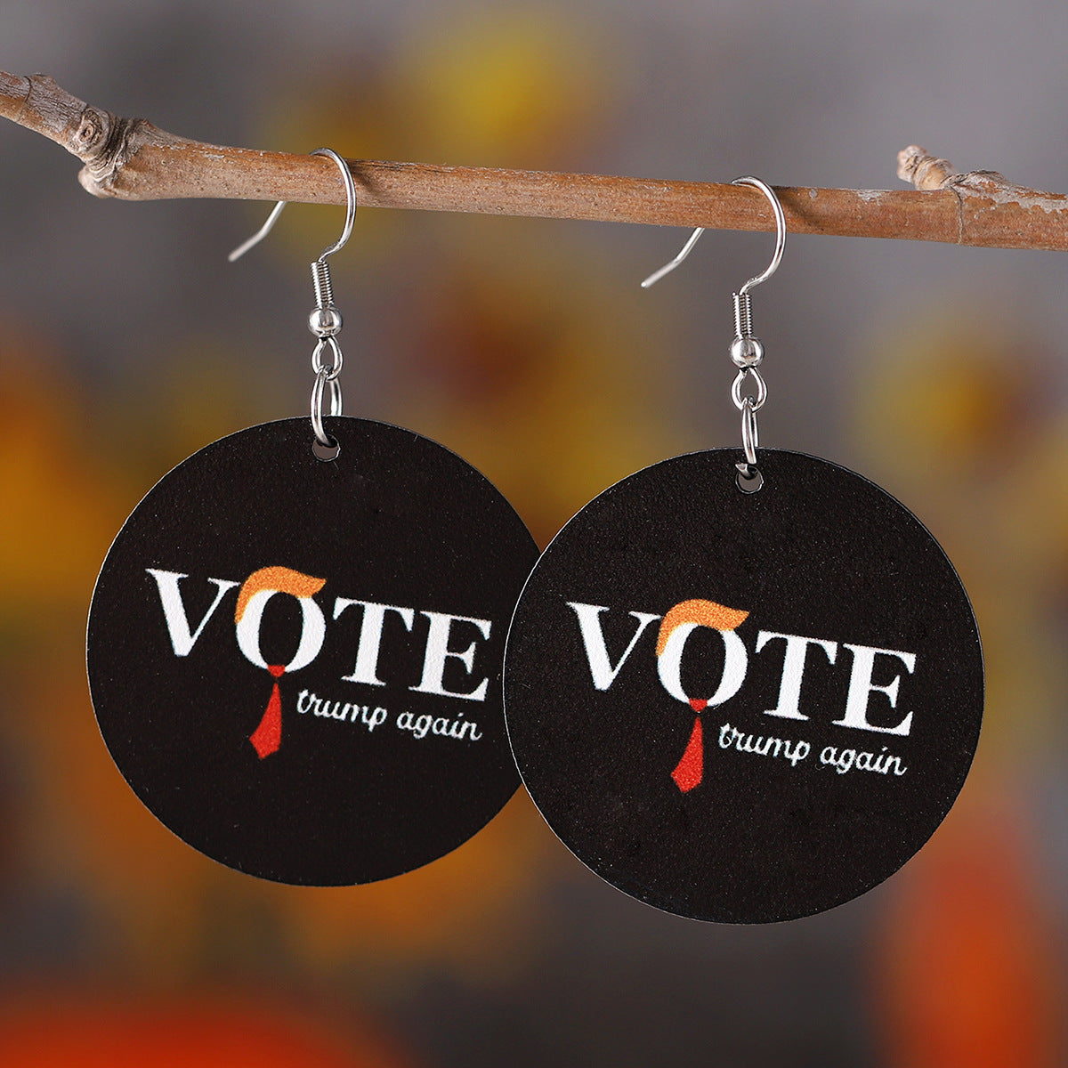 Wholesale Striped Star VOTE Round Wood Double-sided Earrings ACC-ES-ChuLian079