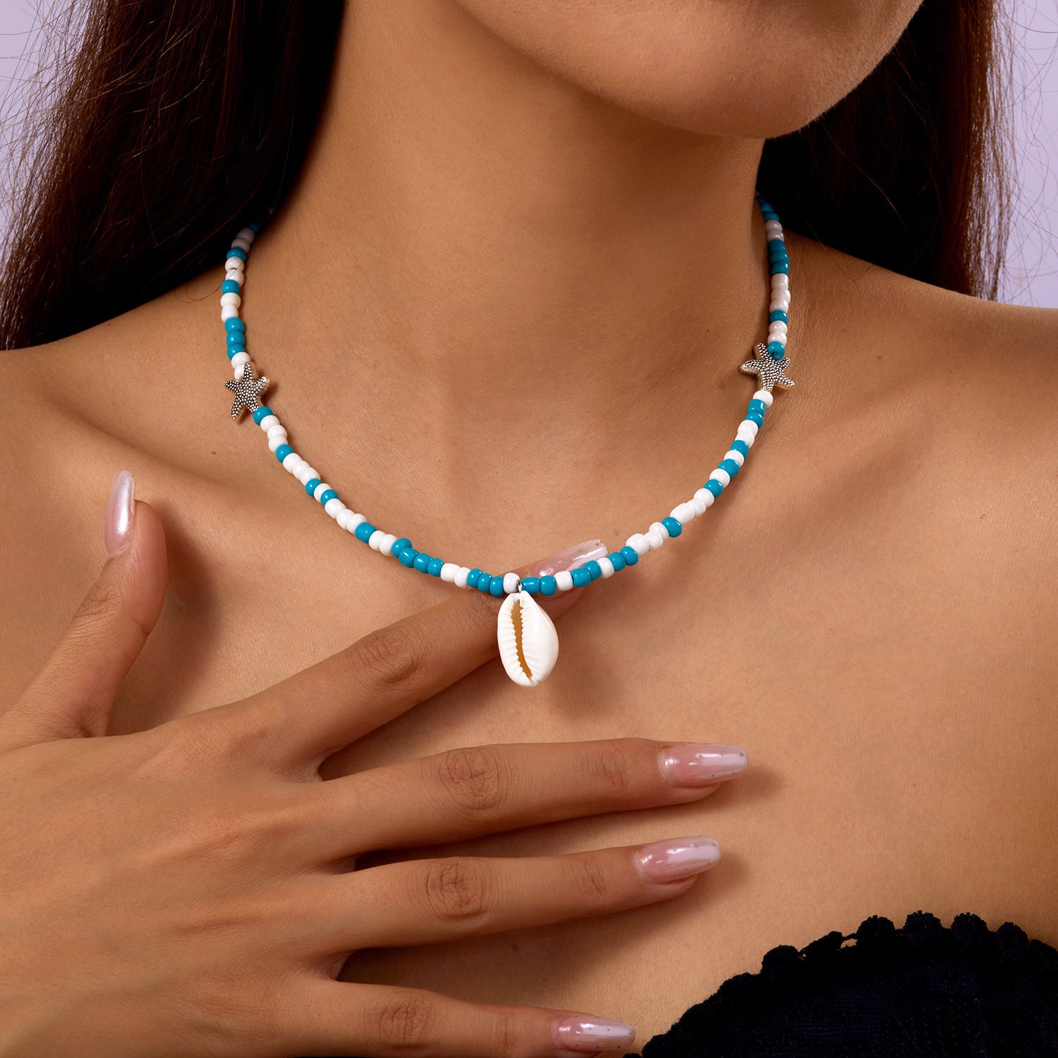 Wholesale  Bohemian Style Double Layer Starfish Shell Rice Beads Card Necklace