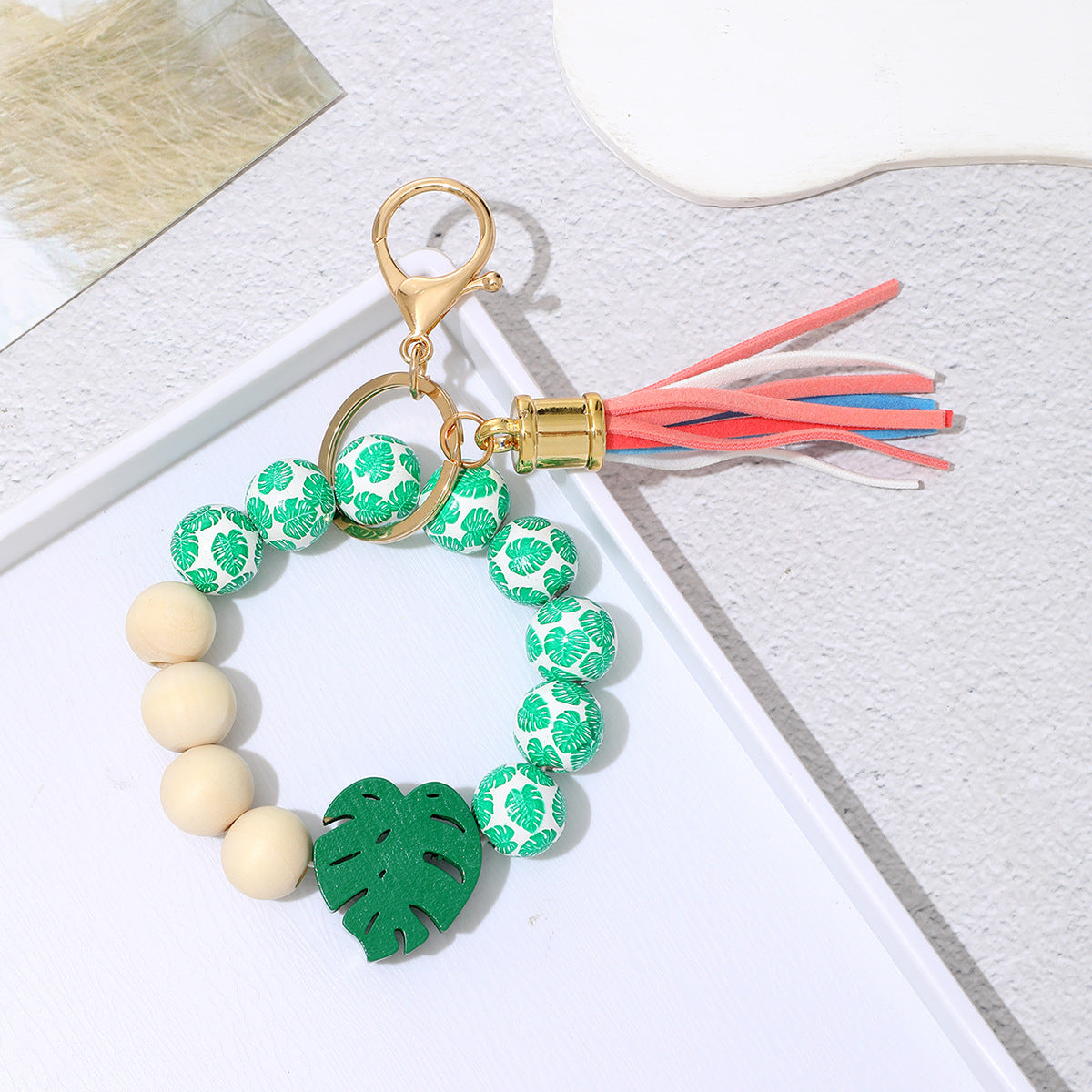 Wholesale Colorful Tassel Cat Claw Leaf Wooden Beaded Wristlet Keychain ACC-KC-YTian023