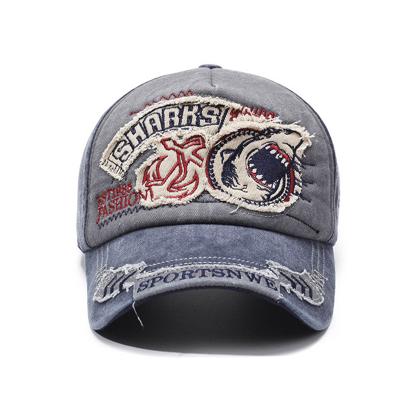 Wholesale Embroidered Shark Baseball Cap Distressed Hip Hop Style Adjustable Sun Hat Trendy Streetwear Accessory For Men And Women Boutique Resale