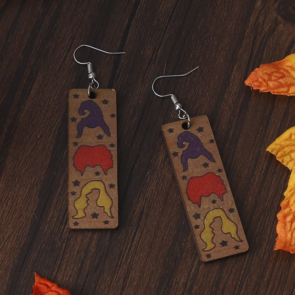 Wholesal  Red Black and Yellow Witch Head Pendant Women' s Wooden Double-Sided Earrings