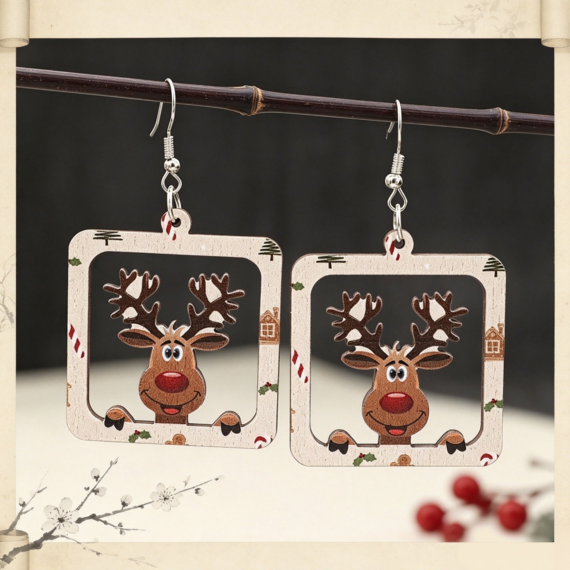 Wholesale Christmas Reindeer Themed Wooden Earrings Square Hollow Holiday Design Jewelry For Boutique Resale