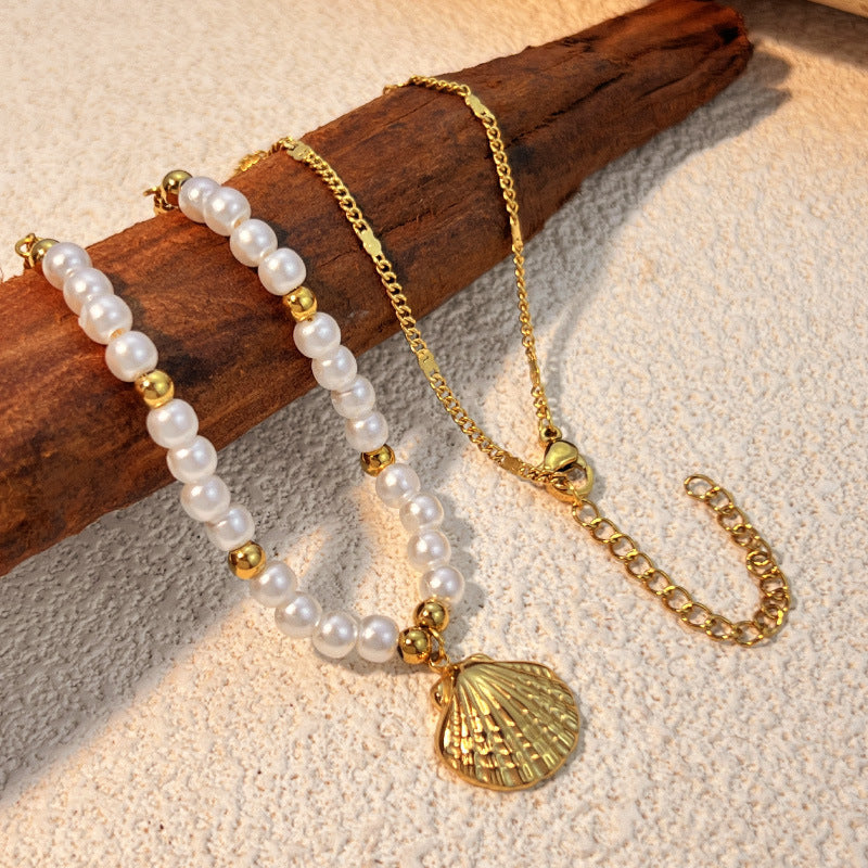 Wholesale stainless steel pearl shell necklace niche high sense beaded clavicle chain titanium steel jewelry