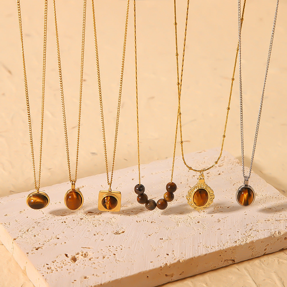 Wholesale  stainless steel 18K gold plated pendant inlaid natural Tiger Eye stone necklace