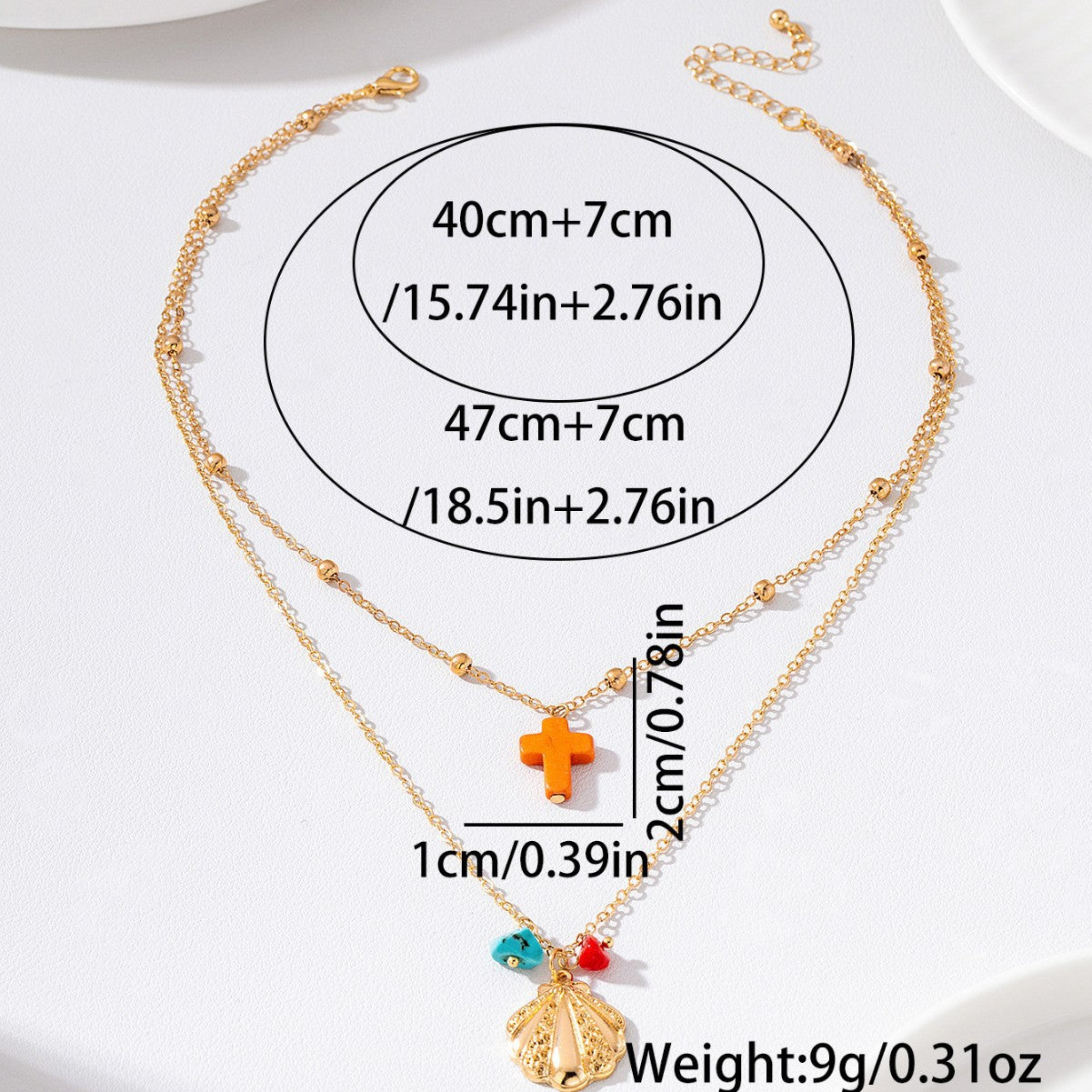 Wholesale Stylish Gold Double Layer Bead Chain Necklace With Colorful Cross Shell Pendant Casual Beach Layering Jewelry For Resale