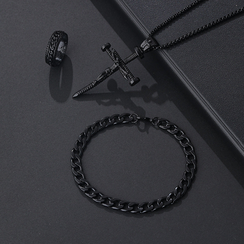 Wholesale Stylish Black Cross Crown Roman Numeral 3 Piece Jewelry Set Necklace Bracelet Ring Fashion Accessory Gift
