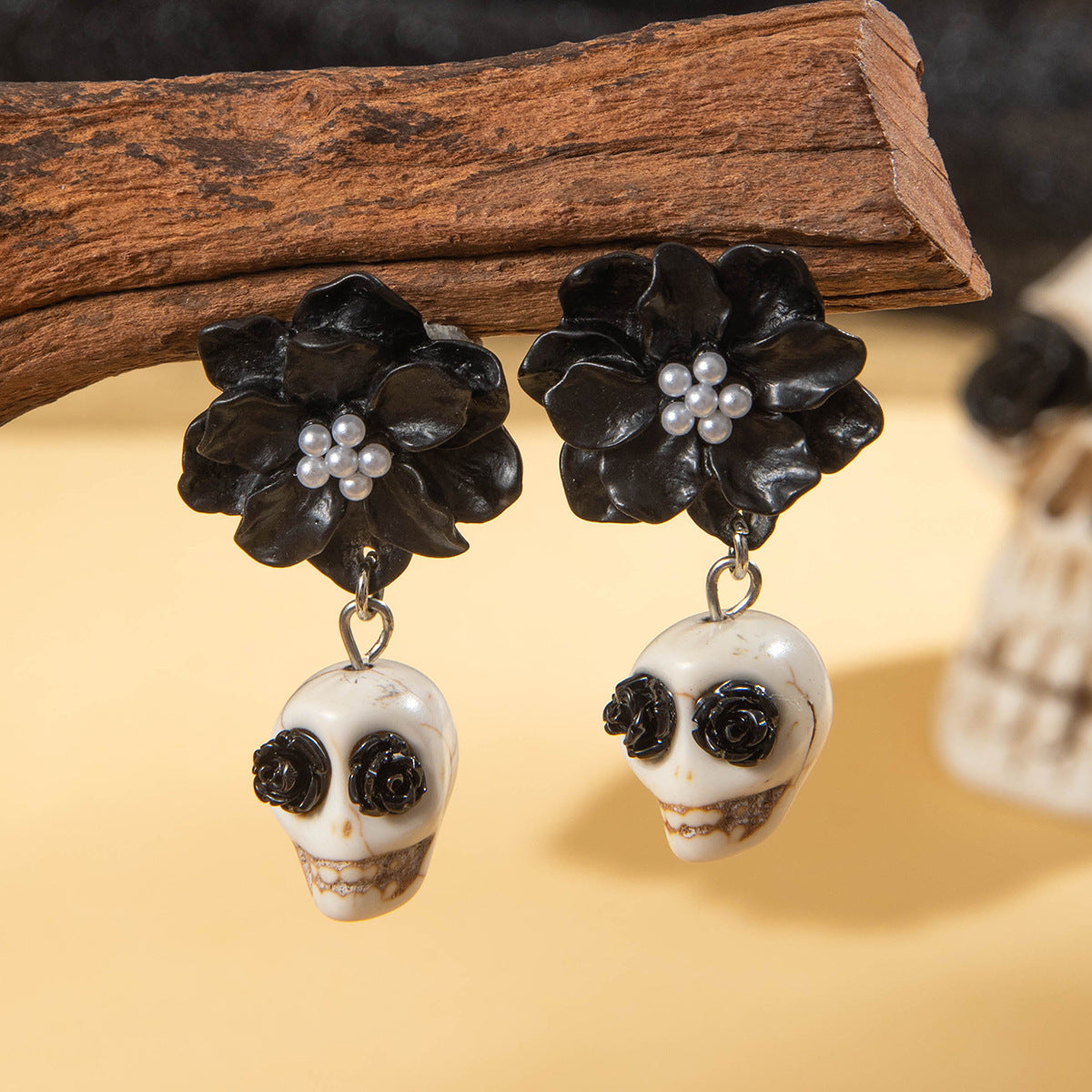 Wholesale Halloween Acrylic Skull Black Camellia Earrings