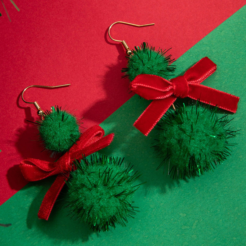 Wholesale  Christmas  Cute Design Creative Hair Ball Red and Green Bow Earrings