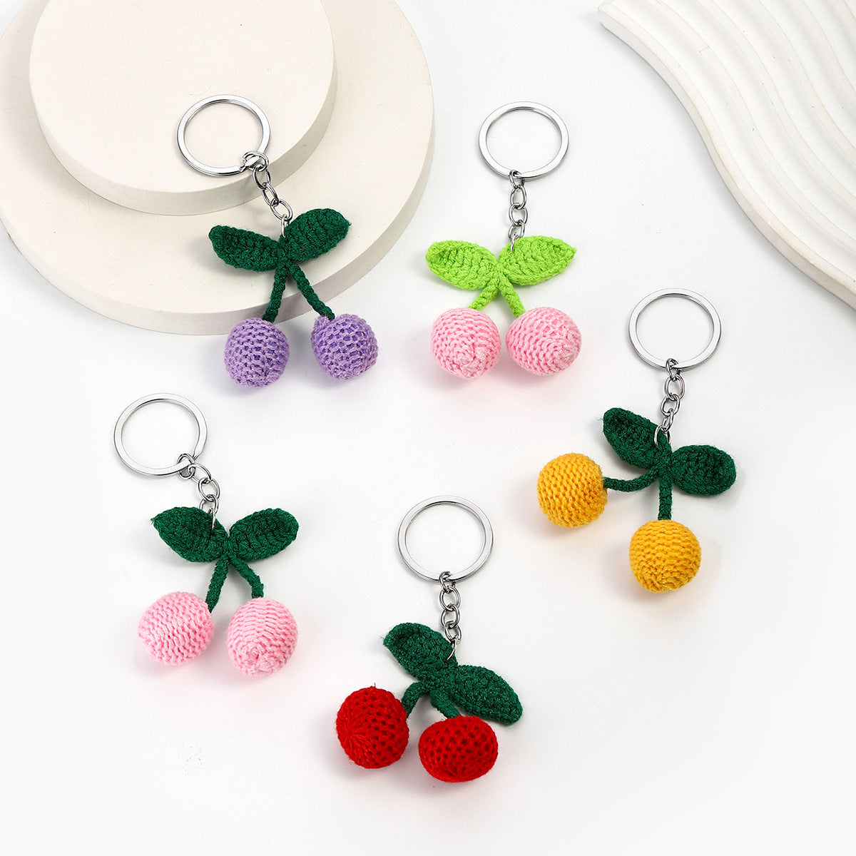 Wholesale hand-woven diy knitted wool cherry pendant keychains