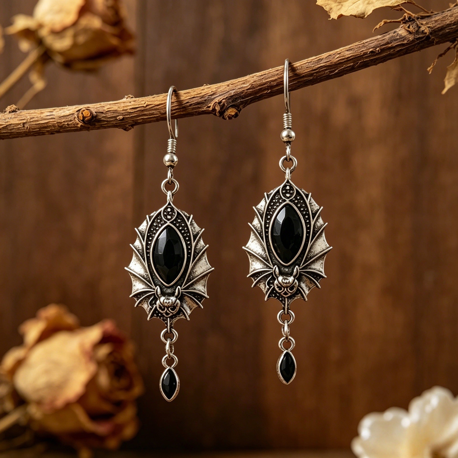 Wholesale Antique Silver Plated Bat Earrings,  Black Crystal Gothic  Witch Style,  Boutique Resale Jewelry Accessory