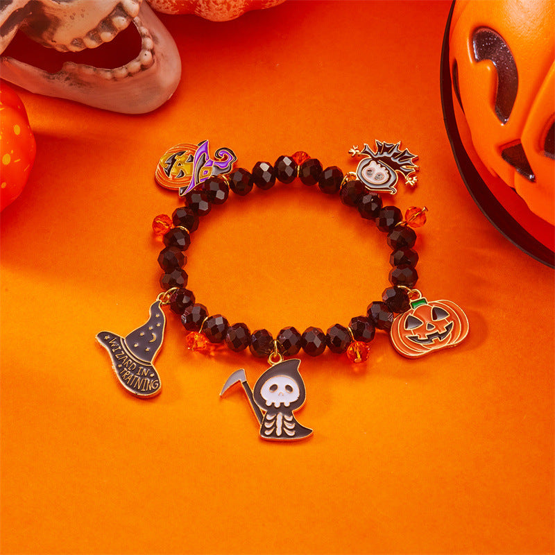 Wholesale  Ghost Pumpkin Lantern Bracelet Cartoon Bat Alloy Pendant Crystal Beaded Women' s Fashion Accessory