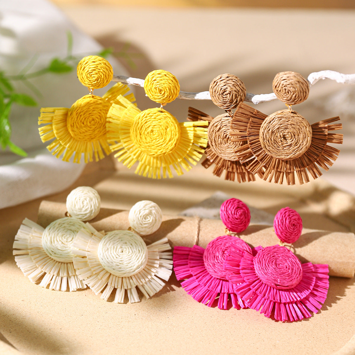 Wholesale Seaside Resort Style Rattan Fan-shaped Earrings Bohemian Raffia Earrings ACC-ES-XLH006