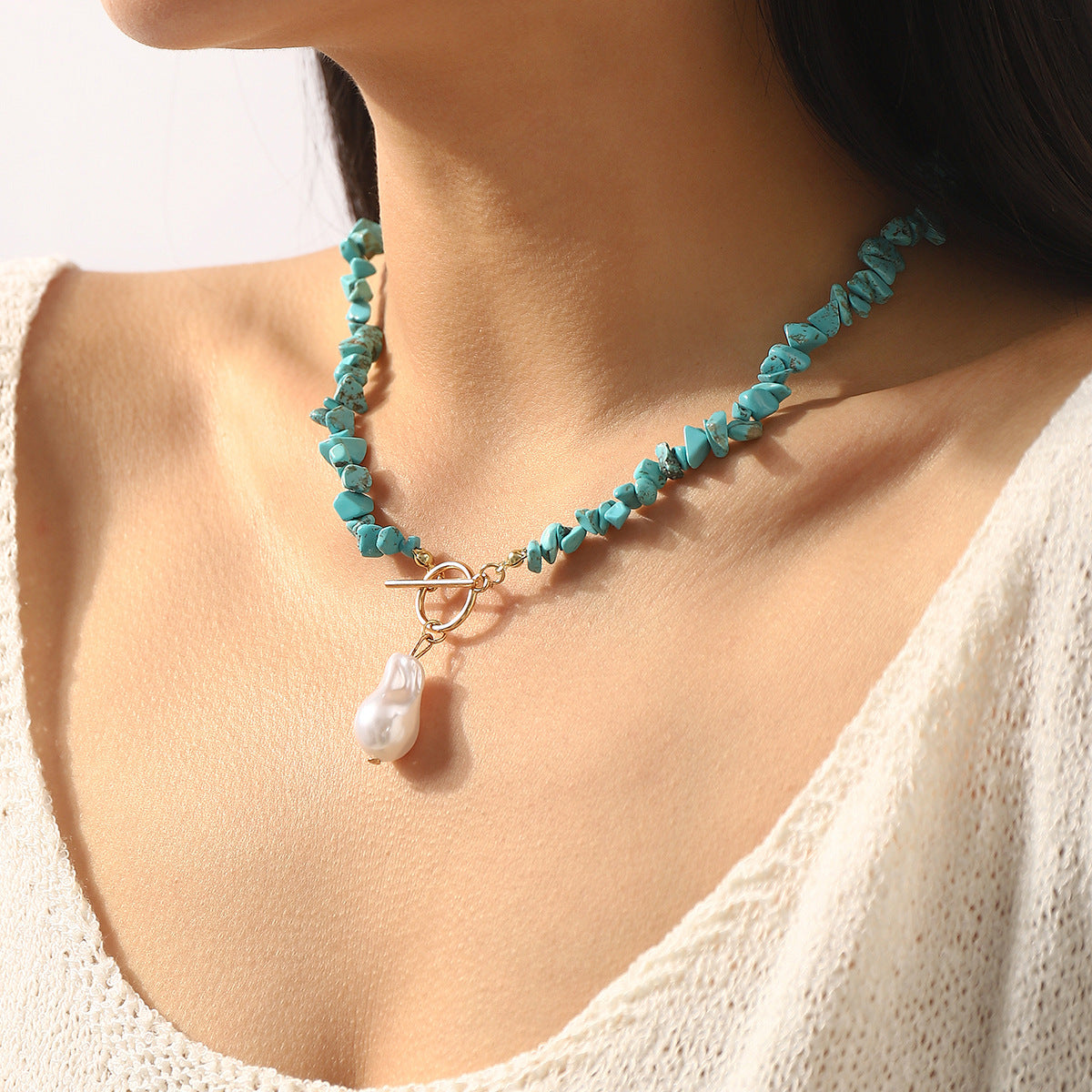 Wholesale Design Special-Shaped Pearl Pendant Ot Buckle Necklace Retro Ethnic Style Fashion Green Turquoise Bracelet