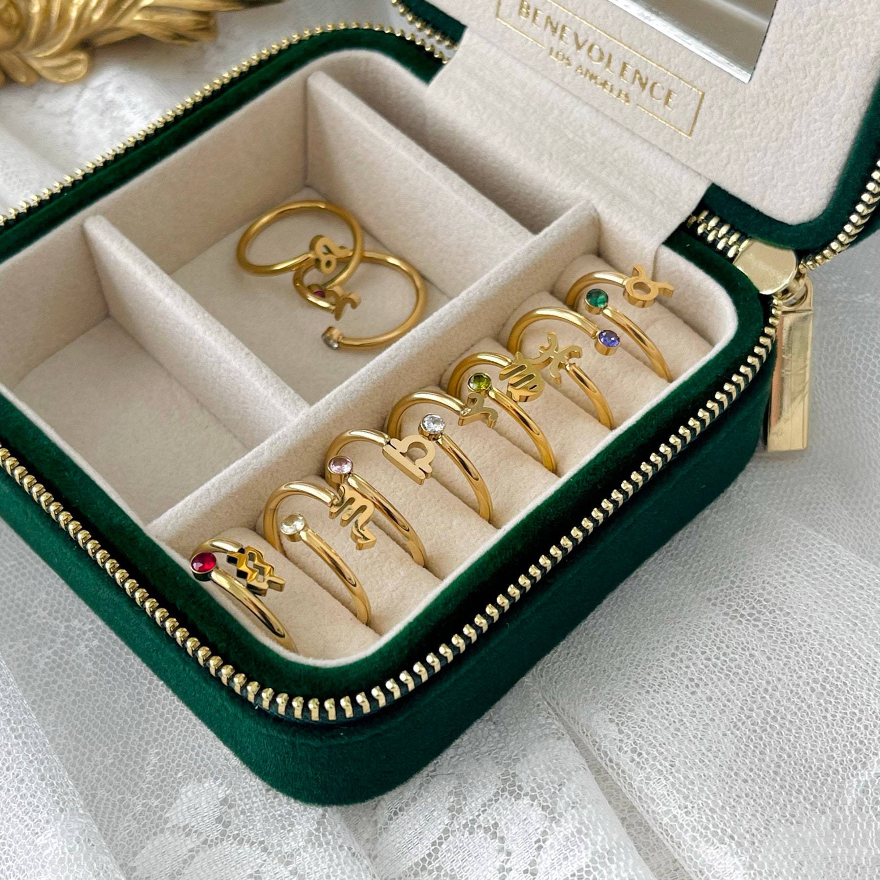 Wholesale 18k Gold Plated 12 Zodiac Signs Rune Zircon Birthstone Ring