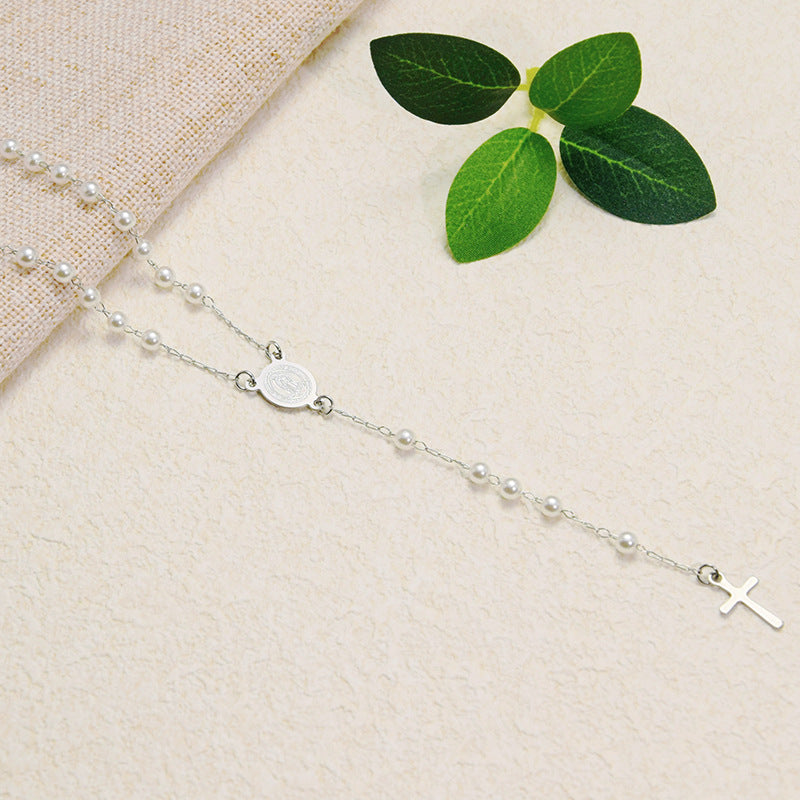 Wholesale Titanium Steel Cross Pearl Necklace Light Luxury Jewelry