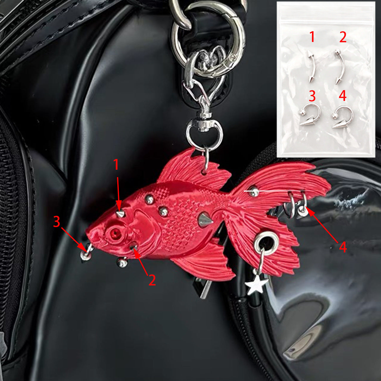 Wholesale 3D Punk Goldfish Keychain Black Resin Bag Charm Fashion Accessory Gift For Everyday Use