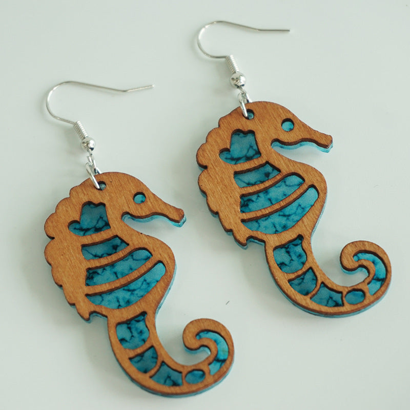 Wholesale 2 Pairs/pack Seahorse Cool Butterfly Turtle Wooden Earrings ACC-ES-HY089