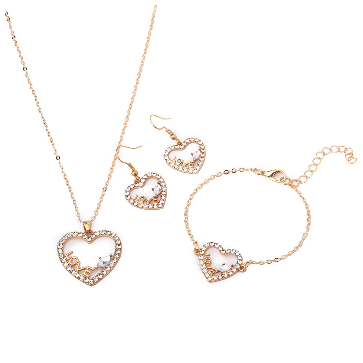 Wholesale  diamond letter LOVE heart necklace bracelet earrings  light luxury versatile jewelry set