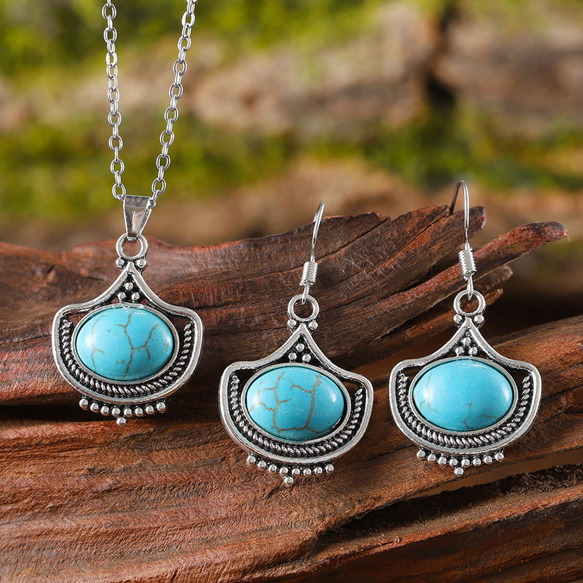 Wholesale Zinc Alloy Geometric Oval Gemstone Drop Earrings And Necklace Set Fashion Jewelry Accessory For Boutique Resale