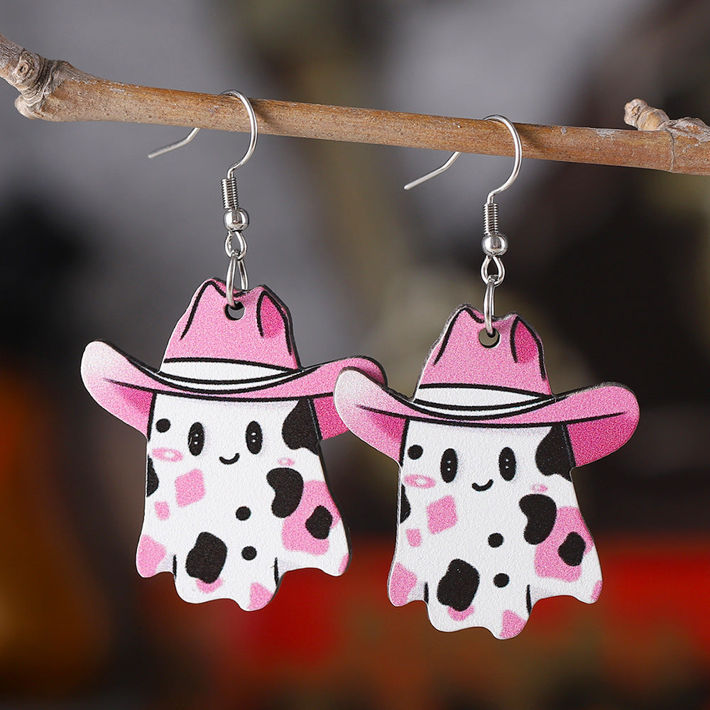 Wholesale  Cute Western Cowboy Hat Painted Ghost Pendant Earrings