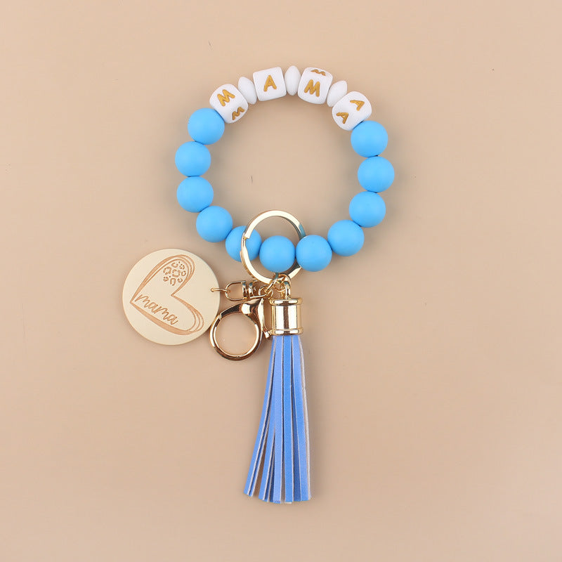 Wholesale Cartoon Love Wooden Brand MAMA Silicone Beaded Wrist Keychain ACC-KC-GuangTian026