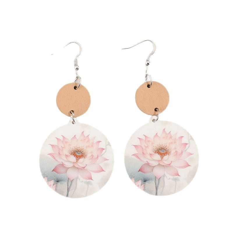 Wholesale Round stitching printed flower vintage acrylic earrings