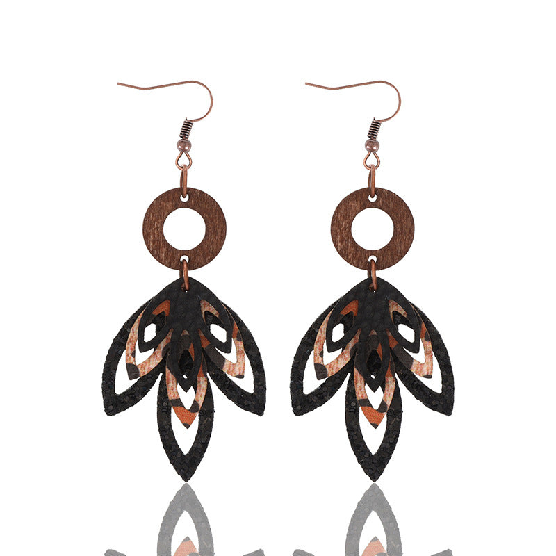 Wholesale  three-layer maple leaf shape super flash sequins fashion leather earrings