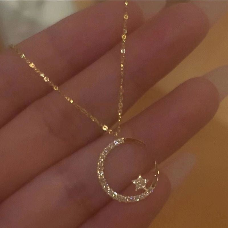 Wholesale Gold Plated Star Moon Pendant Necklace Zircon Chic Collarbone Chain Jewelry Accessory Boutique Resale