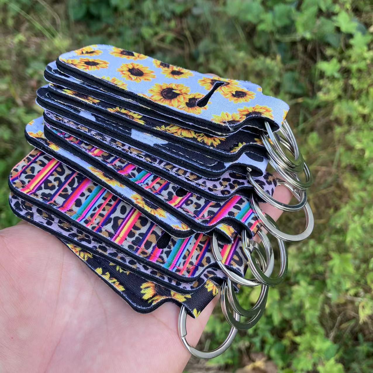 Wholesale Western Style Sunflower Leopard Print Lipstick Set Keychain Chapstick Holder ACC-KC-QiuXue005