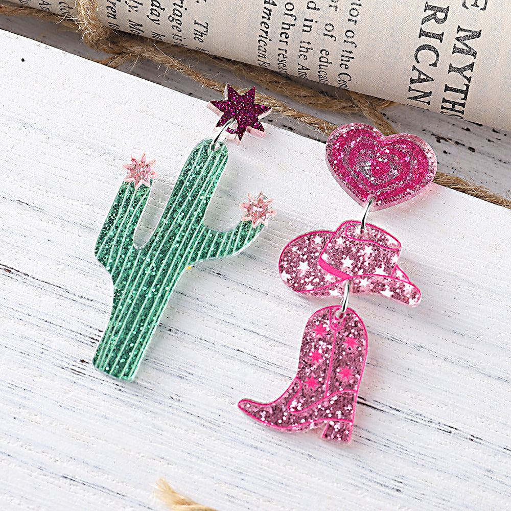 Wholesale  Western Style Cactus Denim Hat Boots Sequin Acrylic Pendant Earrings