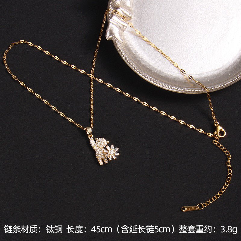 Wholesale Zircon Rotating Four Leaf Clover Flower Pendant Titanium Steel Necklace ACC-NE-Rongc006