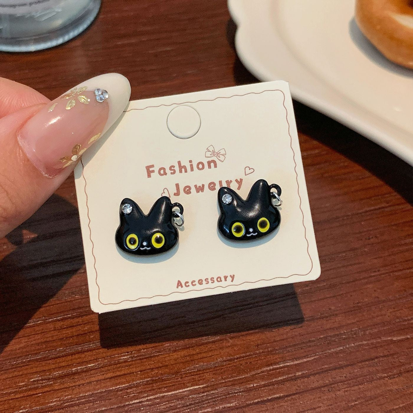 Wholesale Trendy Black Cat Earring Set,  Cute Cat Tail Design,  Silver Needle,  Zinc Alloy Drip Oil,  Everyday Jewelry Accessory