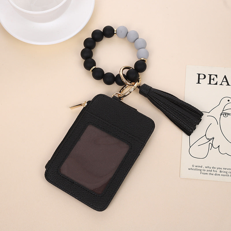 Wholesale Western Style Cow Pattern Sunflower Leopard Print Card Holder Silicone Beaded Wristlet Keychain ACC-KC-QiuXue006