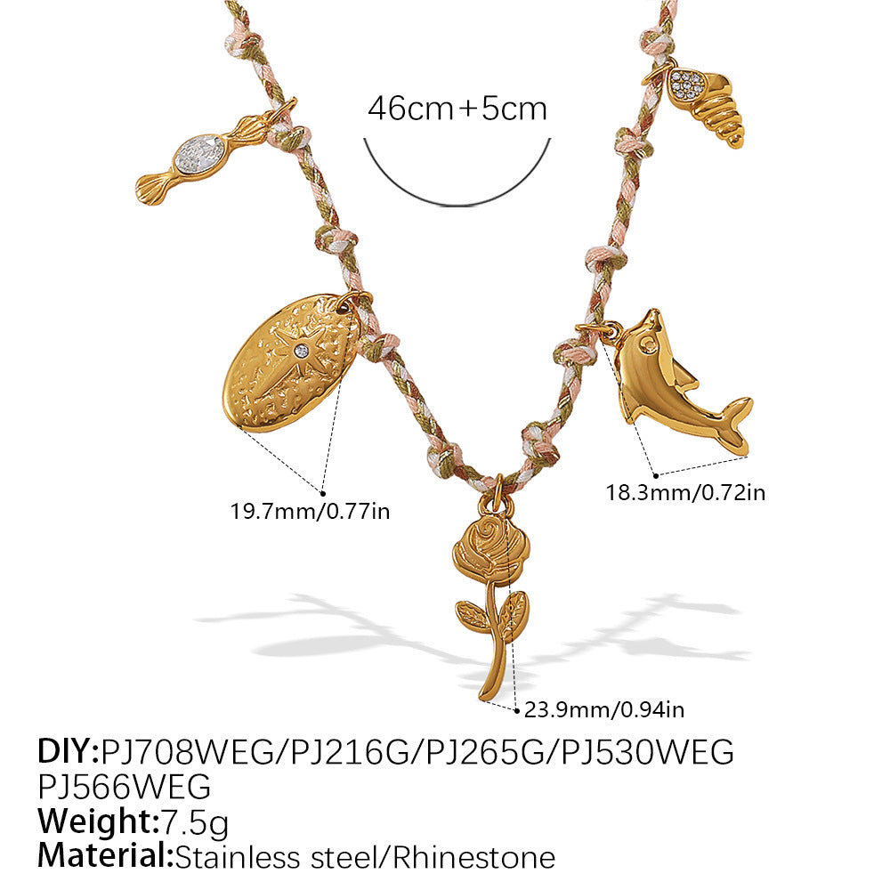 Wholesale  Retro Seaside Style DIY Freshwater Pearl Pendant Bracelet Stainless Steel Plated 18K Gold Ceramic Pendant Necklace for Women