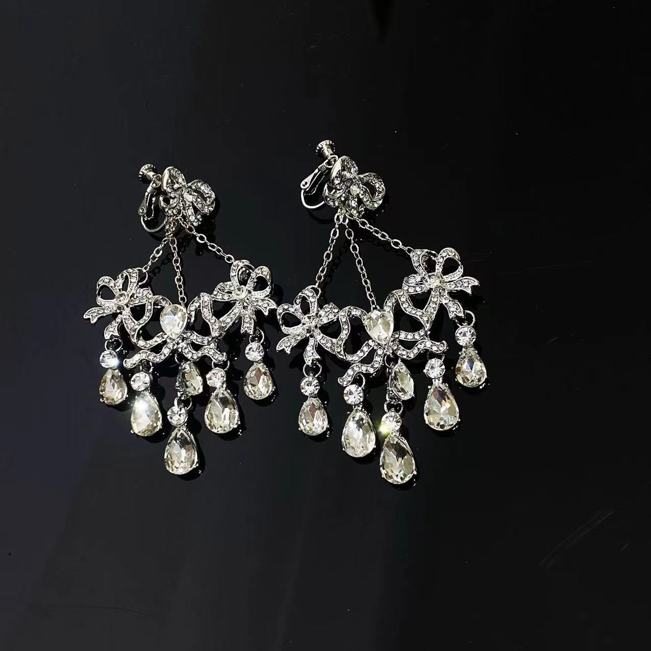 Wholesale Rhinestone Bow Water Drop Tassel Earrings